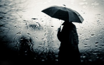человек, разводы, плащ, дождь, зонт, стекло, слякоть, уныло