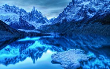 озеро, горы, синий, холод
