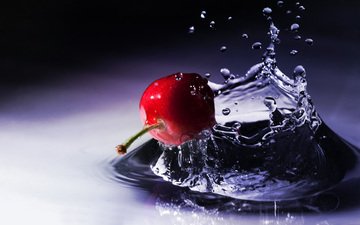 вода, макро, капли, ягода, брызги, плод, вишня