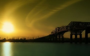 река, закат, мост