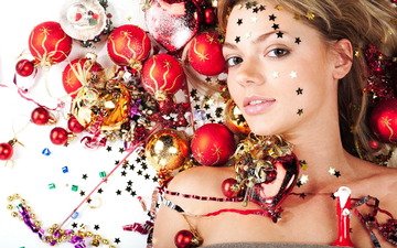 шары, украшения, девушка, звезды, игрушки, новогодние украшения
