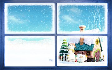 новый год, окно, снеговики