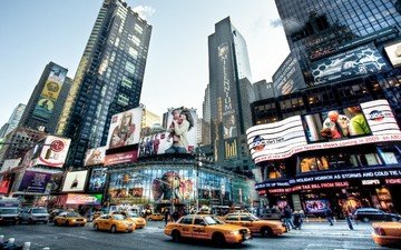 дорога, небоскребы, нью-йорк, такси, реклама
