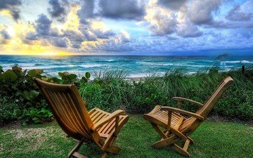 восход, природа, море, стулья