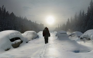 дорога, снег, лес, зима, машины, sven sauer - passenger-autobahn