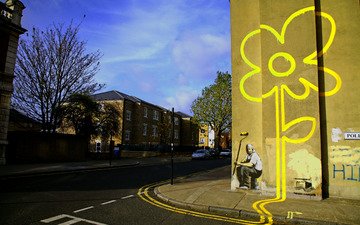цветок, улица, граффити, banksy, графитти, маляр, цветком
