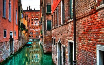 вода, венеция, стена, дома, италия, кирпич, каналы