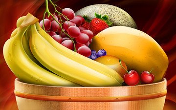 виноград, бананы, миска с фруктами