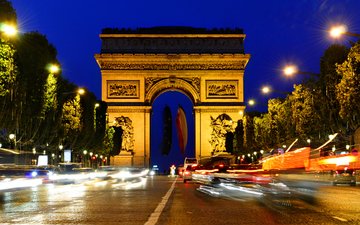 ночь, огни, париж, триумфальная арка, франция, елисейские поля