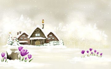 новый год, зима, домики, белый