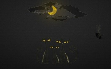 облака, ночь, луна, кошки, нло