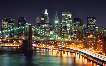 ночь, огни, мост, небоскребы, нью-йорк, nyc, ноч