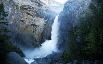 деревья, вода, скала, гора, водопад, калифорния, огненный водопад, национальный парк йосемити