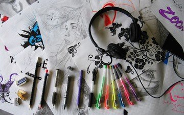 рисунок, наушники, ручки, творчество