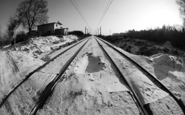 снег, железная дорога, зима, черно-белая, перспектива