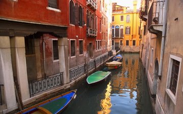 река, город, лодки, венеция, дома, улица, италия