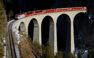 горы, железная дорога, мост, швейцария, красный, поезд, виадук, виадук ландвассер