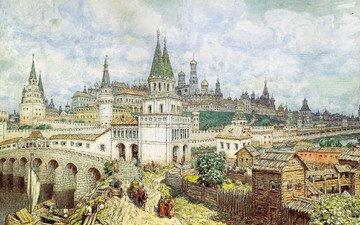 акварель, карандаш, уголь, расцвет кремля, всехсвятский мост и кремль в конце xvii века