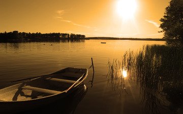 озеро, природа, закат, лодка
