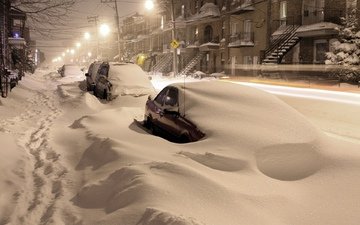 ночь, снег, машины