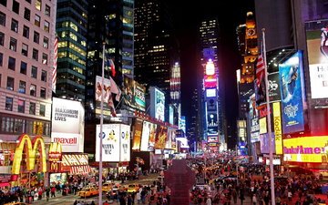 ночь, город, небоскребы, движение, улица, нью-йорк, times square at night, таймс-сквер