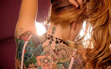 девушка, рыжая, спина, волосы, татуировка, украшение, шея