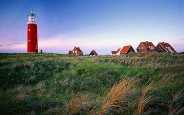 трава, маяк, домики, нидерланды