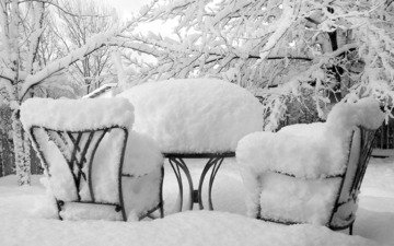 деревья, снег, природа, обои, зима, фото, фон, мороз, стулья, столик