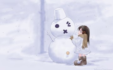 снег, девочка, снеговик