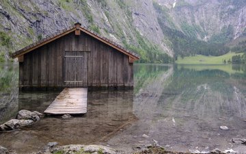озеро, отражение, хижина, boat hut