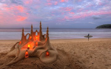 закат, песок, замок, плаж, сёрфер