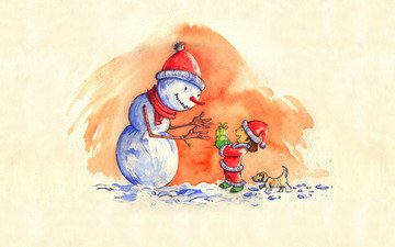 арт, новый год, обои, зима, дети, зимние обои, новогодние обои, праздничные обои, снеговики