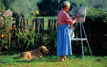 рисунок, трава, собака, отдых, женщина, рисование, холст, пожилая