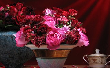 цветы, розы, лепестки, красные, букет, розовые, ваза, натюрморт, композиция, гвоздики