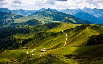 дорога, облака, деревья, горы, холмы, природа, пейзаж, гора, австрия, долина, kitzbuhel mountain