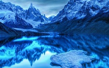 озеро, горы, снег, зима, холод, сумерки, тишина