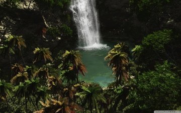 вода, зелень, водопад, пальмы