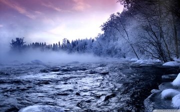 река, снег, лес, зима, туман