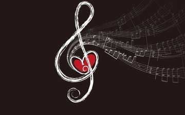 ноты, музыка, сердце, черный фон, скрипичный ключ