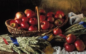 яблоки, красные, корзина, натюрморт, плетёная