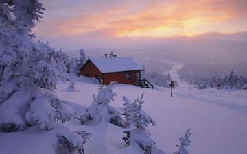 небо, снег, природа, закат, зима, пейзаж, дом