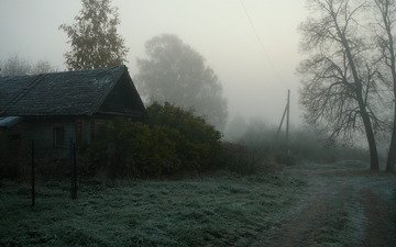 туман, деревня, дом