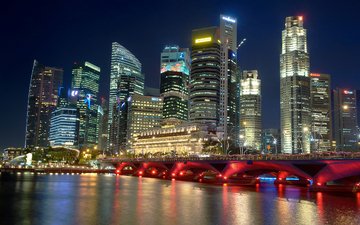 река, небоскребы, ночной город, сингапур