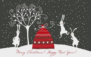 новый год, кролики, рождество, зайцы, мешок с подарками