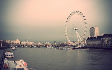 небо, река, великобритания, лондон, колесо обозрения, город, дома, здания, лондонский глаз