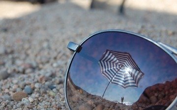 макро, отражение, пляж, очки, зонт, стекло