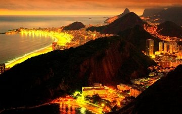 огни, ночной город, океан, бразилия, рио-де-жанейро