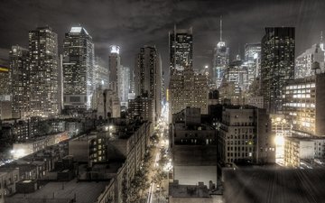 ночь, огни, города, вид сверху, город, небоскребы, мегаполис, нью-йорк, архитектура, здания, новый, йорк