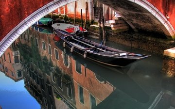 река, отражение, мост, лодка, гондолы