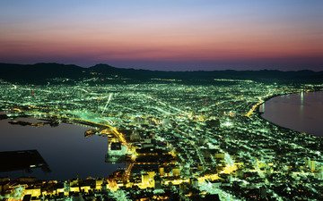 ночь, япония, хоккайдо, огни города